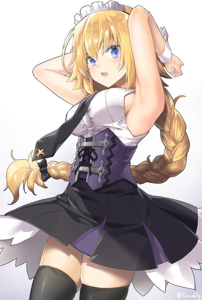 Anime picture 689x1023 with fate (series) fate/grand order fate/apocrypha jeanne d'arc (fate) (all) jeanne d'arc (fate) tyone single long hair tall image looking at viewer blush fringe breasts open mouth blue eyes blonde hair simple background hair between eyes standing white background
