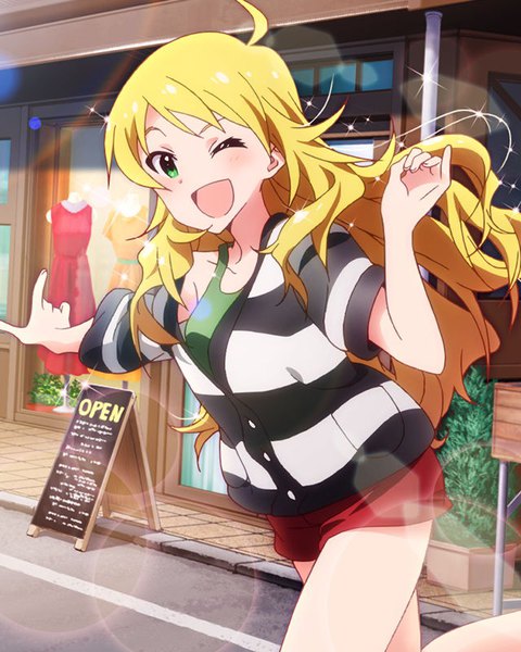 Anime picture 640x800 with idolmaster idolmaster (classic) idolmaster million live! hoshii miki single long hair tall image looking at viewer blush open mouth blonde hair smile standing green eyes payot ahoge outdoors one eye closed wind wink