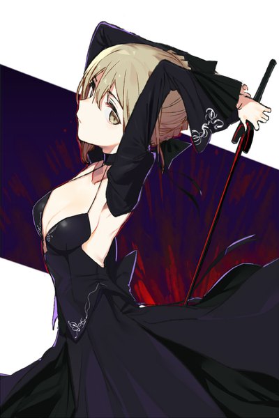 Anime picture 1000x1500 with fate (series) fate/grand order artoria pendragon (all) saber alter pinch (nesume) single tall image looking at viewer fringe short hair breasts light erotic simple background blonde hair hair between eyes standing holding yellow eyes payot cleavage