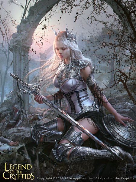 Anime picture 690x920 with legend of the cryptids elefarda laura sava (anotherwanderer) long hair tall image breasts sitting white hair parted lips fingernails wind lips realistic legs sleeveless fantasy ruins bloody weapon knight death