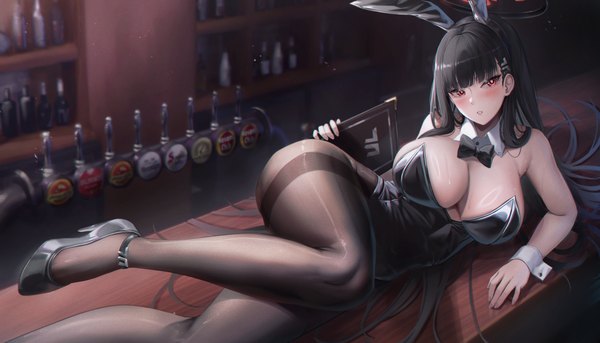 Anime picture 3500x2000 with blue archive rio (blue archive) kuutamo single long hair blush fringe highres breasts light erotic black hair red eyes wide image large breasts animal ears looking away indoors lying blunt bangs parted lips