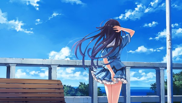 Anime picture 2048x1160 with suiheisen made nan mile? koga sayoko misaki kurehito single highres wide image sky wind girl bench