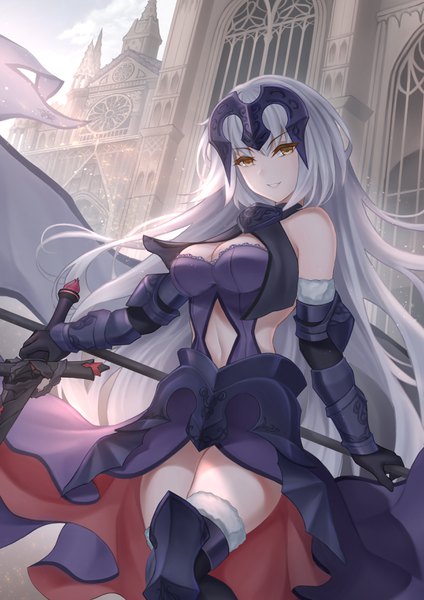 Anime picture 2480x3508 with fate (series) fate/grand order jeanne d'arc (fate) (all) jeanne d'arc alter (fate) jeanne d'arc alter (avenger) (third ascension) (fate) misaki159123 single long hair tall image looking at viewer fringe highres breasts light erotic hair between eyes standing holding yellow eyes sky cleavage