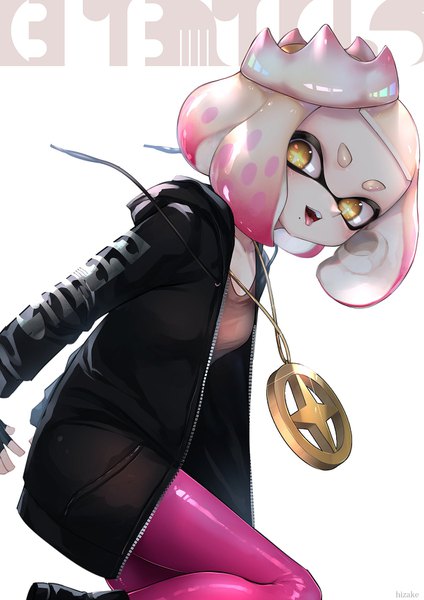 Anime picture 1273x1800 with splatoon splatoon 2 nintendo hime (splatoon) kashu (hizake) single tall image looking at viewer blush short hair open mouth simple background white background yellow eyes pink hair open jacket symbol-shaped pupils eyebrows + + tentacle hair