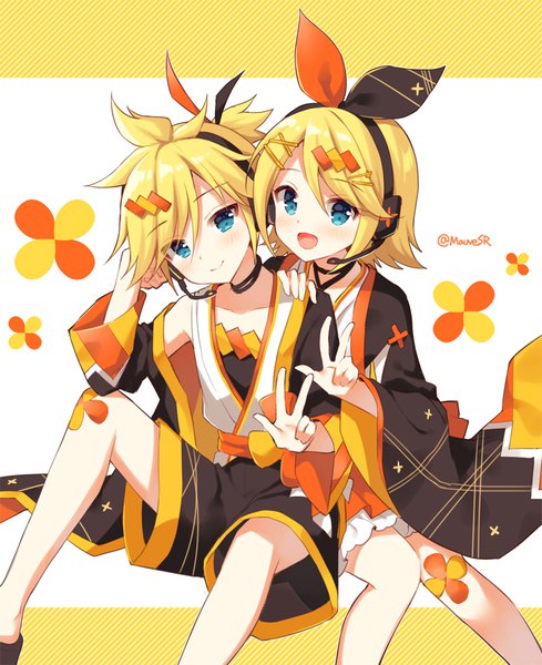 Anime picture 800x982 with vocaloid magical mirai (vocaloid) kagamine rin kagamine len mauve tall image short hair open mouth blue eyes blonde hair smile sitting signed :d twitter username victory siblings twins head rest hand on another's shoulder
