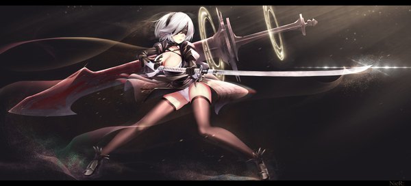 Anime picture 3500x1588 with nier nier:automata yorha no. 2 type b dk.senie single highres short hair light erotic wide image white hair eyes closed mole black background mole under mouth girl thighhighs dress underwear panties weapon