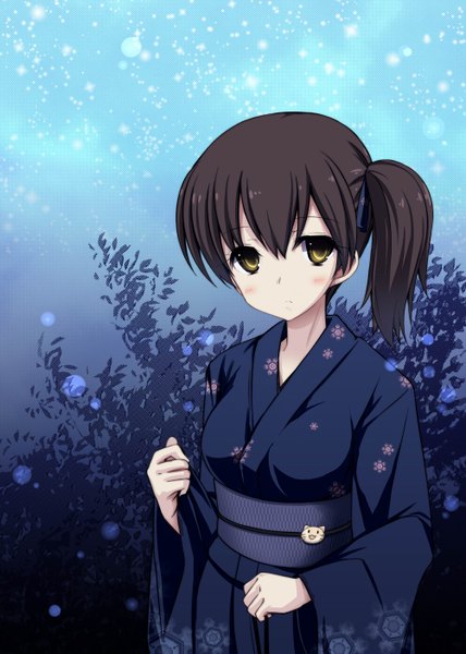 Anime picture 1002x1403 with kantai collection kaga aircraft carrier shiwo single tall image looking at viewer blush short hair black hair yellow eyes ponytail traditional clothes japanese clothes side ponytail girl kimono obi