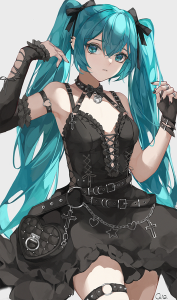 Anime picture 1173x1989 with vocaloid hatsune miku qie single long hair tall image looking at viewer fringe simple background hair between eyes twintails nail polish aqua eyes aqua hair grey background girl dress gloves bow hair bow