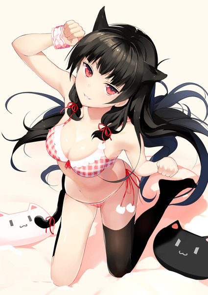 Anime picture 1133x1600 with kantai collection isokaze destroyer nanotaro single tall image looking at viewer blush fringe breasts light erotic black hair simple background smile red eyes standing white background bare shoulders animal ears payot cleavage
