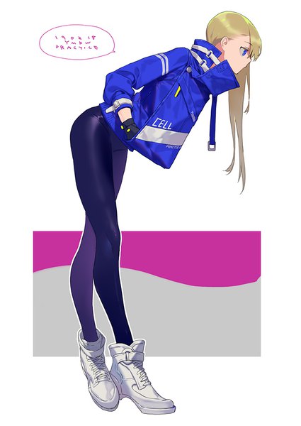 Anime picture 724x1023 with original yamakawa single long hair tall image blue eyes blonde hair full body profile leaning leaning forward hands in pockets crossed legs (standing) fashion long legs girl gloves black gloves shoes jacket