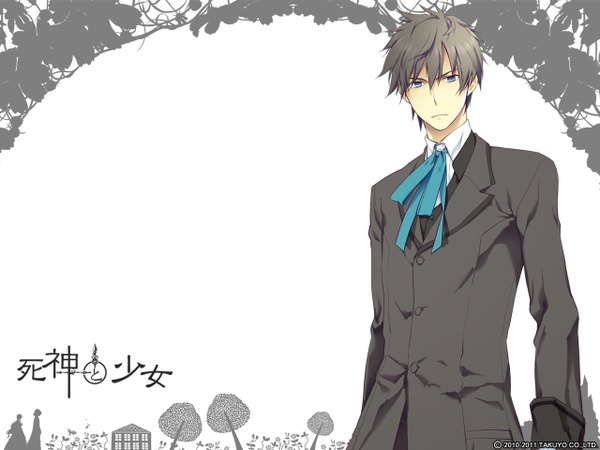 Anime picture 1280x960 with shinigami to shojo kirishima nanaki single short hair blue eyes brown hair white background signed inscription hieroglyph boy ribbon (ribbons) suit