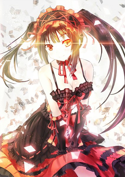 Anime picture 835x1181 with date a live tokisaki kurumi kimikimi single long hair tall image fringe breasts smile twintails cleavage heterochromia glowing happy glowing eye (eyes) uneven twintails girl dress ribbon (ribbons) hairband