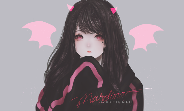 Anime picture 1599x970 with original kyrie meii single long hair looking at viewer fringe black hair simple background wide image signed upper body pink eyes horn (horns) lips realistic grey background facial mark bat wings hand to mouth hands in sleeves