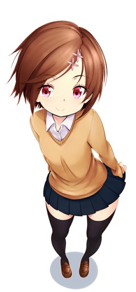 Anime picture 469x1000 with original zizi (zz22) single tall image looking at viewer short hair simple background smile red eyes brown hair standing white background pleated skirt hair flower from above shadow zettai ryouiki hands behind back girl thighhighs