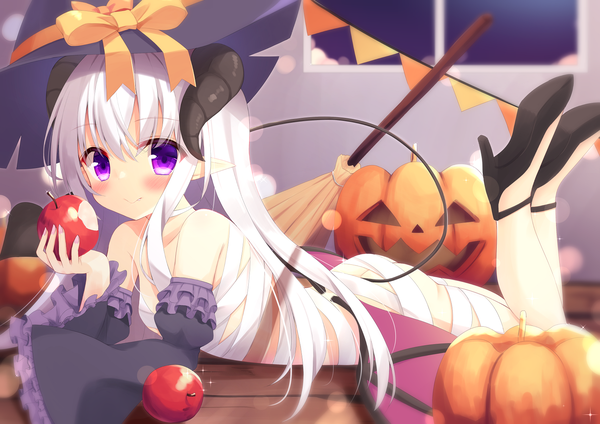 Anime picture 1638x1158 with original hiragana iroiro single long hair looking at viewer blush fringe light erotic smile hair between eyes purple eyes white hair tail lying horn (horns) pointy ears no panties halloween on stomach demon tail