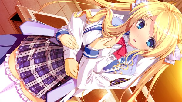 Anime picture 1280x720 with harvest overray giga mikami lilia long hair blush open mouth blue eyes blonde hair wide image twintails game cg couple hug girl thighhighs boy uniform bow hair bow school uniform