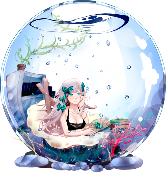 Anime picture 1600x1660 with original zerecas single long hair tall image looking at viewer blush fringe breasts light erotic large breasts bare shoulders pink hair lying aqua eyes no shoes underwater leg lift (legs lift) girl hair ornament