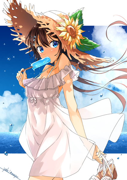 Anime-Bild 955x1351 mit original yaki mayu single long hair tall image fringe blue eyes hair between eyes brown hair holding signed sky cloud (clouds) wind covered navel eating shoes removed girl dress hair ornament
