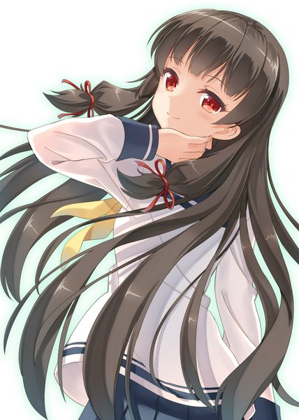 Anime picture 800x1122 with kantai collection isokaze destroyer hyuuga azuri single long hair tall image looking at viewer black hair simple background red eyes light smile turning head tress ribbon girl skirt ribbon (ribbons) hair ribbon sailor suit