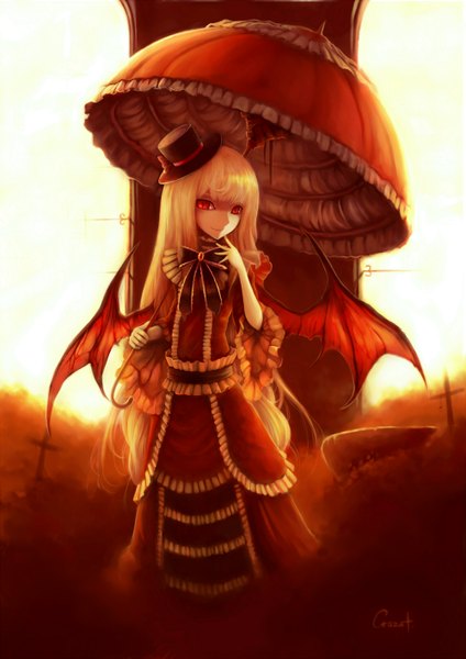 Anime picture 2000x2828 with original crazat single long hair tall image looking at viewer highres blonde hair smile red eyes finger to mouth lolita fashion demon wings vampire gothic girl dress bow hat wings