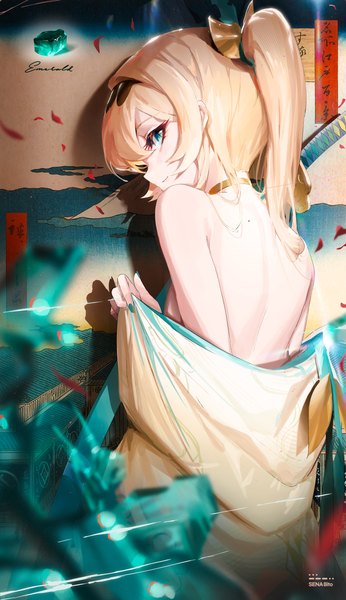 Anime picture 2354x4086 with virtual youtuber hololive kazama iroha sena 8ito single long hair tall image looking at viewer highres light erotic blonde hair smile standing bare shoulders holding ponytail nail polish traditional clothes japanese clothes looking back