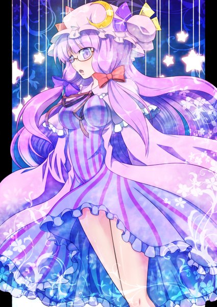 Anime picture 1000x1412 with touhou patchouli knowledge qontamblue single long hair tall image open mouth purple eyes purple hair crescent girl bow hair bow glasses heart bonnet moon (symbol)