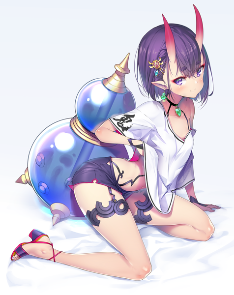 Anime picture 3501x4409 with fate (series) fate/grand order shuten douji (fate) hong (white spider) single tall image looking at viewer blush fringe highres short hair light erotic smile hair between eyes purple eyes absurdres purple hair full body horn (horns) pointy ears