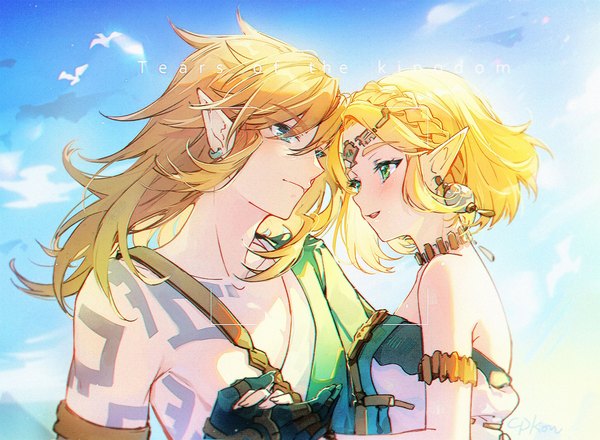 Anime picture 1200x879 with the legend of zelda the legend of zelda: tears of the kingdom nintendo princess zelda link cat princess long hair short hair blue eyes blonde hair green eyes sky upper body braid (braids) pointy ears tattoo copyright name couple elf eye contact