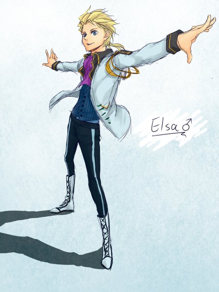 Anime picture 1200x1600 with frozen (disney) disney elsa (frozen) single tall image short hair simple background blonde hair standing aqua eyes open clothes open jacket shadow spread arms boy jacket knee boots suit neckerchief