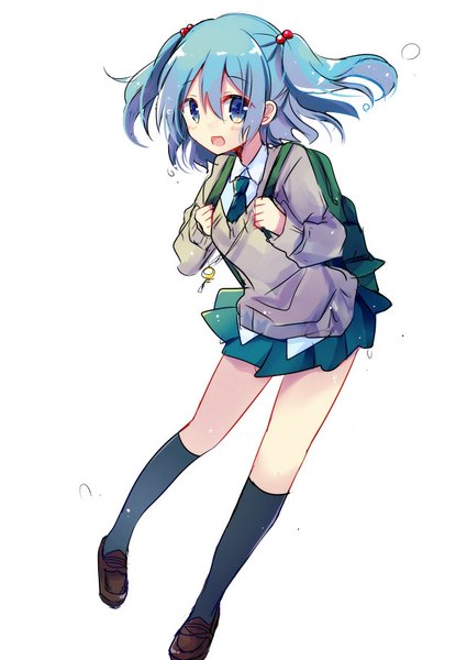 Anime picture 644x910 with touhou kawashiro nitori asanagi kurumi (panda-doufu) single tall image looking at viewer fringe short hair open mouth blue eyes simple background hair between eyes white background blue hair full body two side up alternate costume girl uniform school uniform