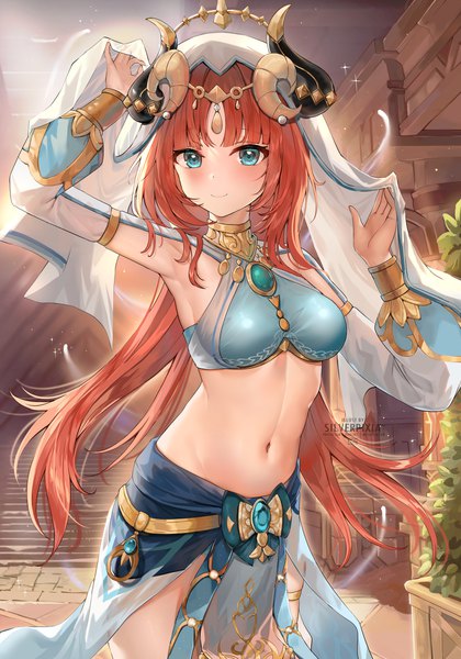 Anime picture 2100x3000 with genshin impact nilou (genshin impact) silverpixia single long hair tall image looking at viewer blush fringe highres breasts blue eyes light erotic smile twintails signed red hair blunt bangs horn (horns) arms up