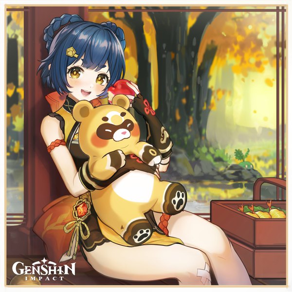 Anime picture 2500x2500 with genshin impact slime (genshin impact) xiangling (genshin impact) guoba (genshin impact) single looking at viewer blush highres short hair open mouth sitting yellow eyes blue hair :d official art copyright name border bandaid on leg bandaid on knee girl