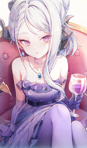 Anime picture 3000x5089 with blue archive hina (blue archive) hina (dress) (blue archive) misyune single long hair tall image looking at viewer highres sitting purple eyes silver hair horn (horns) official alternate costume girl dress gloves earrings pantyhose elbow gloves