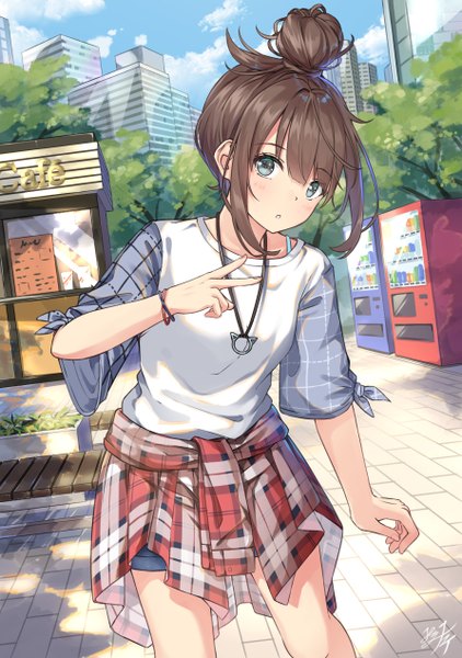 Anime picture 892x1268 with original miko fly single tall image looking at viewer blush fringe short hair breasts hair between eyes brown hair standing signed payot sky cloud (clouds) outdoors arm up grey eyes leaning