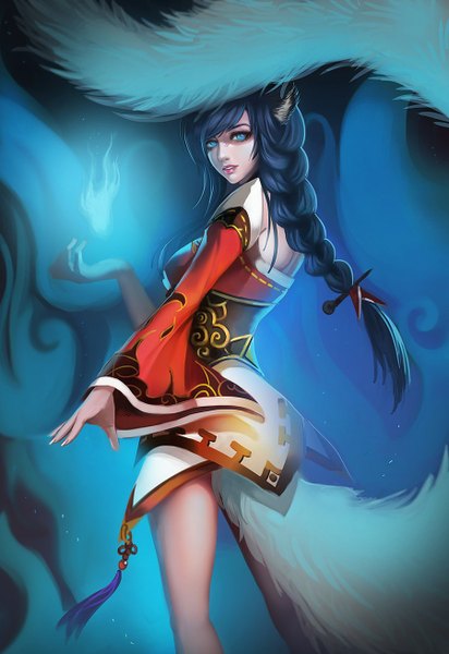 Anime picture 900x1310 with league of legends ahri (league of legends) long5009 single long hair tall image looking at viewer fringe blue eyes animal ears blue hair tail braid (braids) fingernails lips realistic wide sleeves magic single braid fox girl
