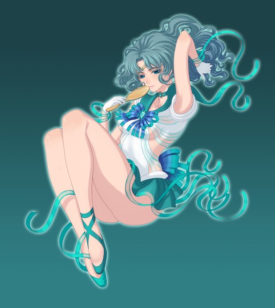 Anime picture 1160x1299 with bishoujo senshi sailor moon toei animation kaiou michiru sailor neptune eclosion single long hair tall image blue eyes light erotic simple background blue hair wavy hair girl skirt ribbon (ribbons) miniskirt sailor suit