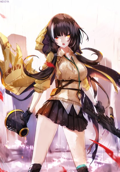 Anime picture 1050x1500 with girls frontline ro635 (girls frontline) nekoya (liu) single long hair tall image looking at viewer fringe breasts open mouth black hair red eyes standing twintails holding signed yellow eyes outdoors white hair blunt bangs
