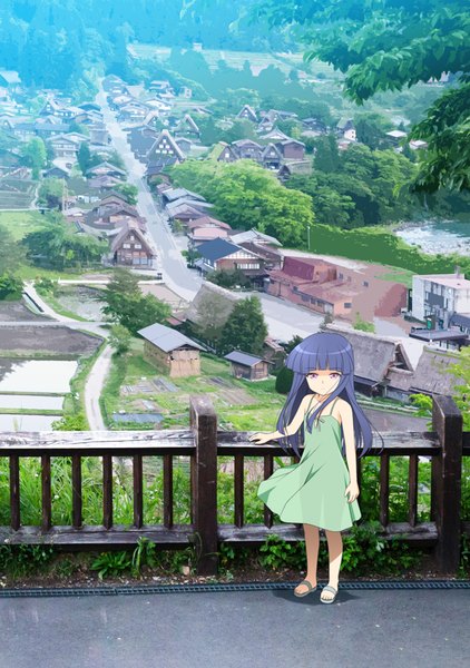 Anime picture 633x900 with higurashi no naku koro ni studio deen furude rika gaou single long hair tall image looking at viewer fringe standing purple eyes bare shoulders blue hair full body outdoors blunt bangs wind arm support bare legs scenic