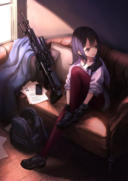 Anime picture 1681x2378 with original koh (minagi kou) single long hair tall image fringe light erotic sitting purple eyes looking away purple hair full body indoors parted lips sunlight dressing sleeves pushed up girl gloves weapon