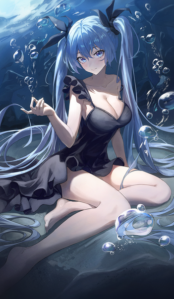 Anime picture 2207x3773 with vocaloid shinkai shoujo (vocaloid) hatsune miku matsogum single tall image looking at viewer fringe highres breasts blue eyes light erotic hair between eyes large breasts sitting twintails blue hair cleavage very long hair bare legs