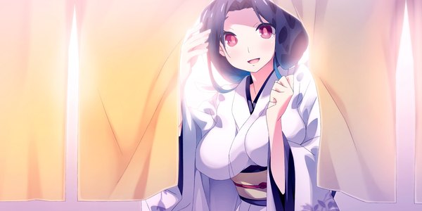 Аниме картинка 2400x1200 с kaminoyu (game) длинные волосы высокое разрешение открытый рот лёгкая эротика чёрные волосы красные глаза широкое изображение game cg японская одежда девушка кимоно