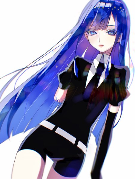 Anime picture 1040x1379 with houseki no kuni lapis lazuli (houseki no kuni) daluto (hitomi555) single long hair tall image blue eyes simple background white background blue hair puffy sleeves androgynous amputee gloves uniform black gloves necktie elbow gloves