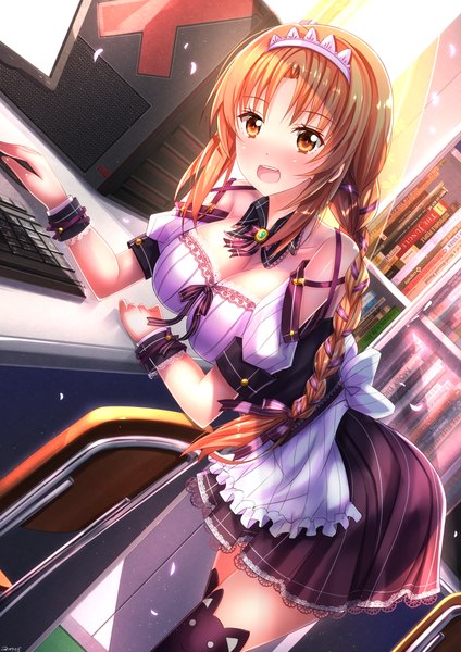 Anime picture 1187x1680 with d-frag! brains base (studio) takao (d-frag!) swordsouls single long hair tall image looking at viewer blush open mouth brown hair brown eyes braid (braids) maid girl thighhighs dress black thighhighs petals computer