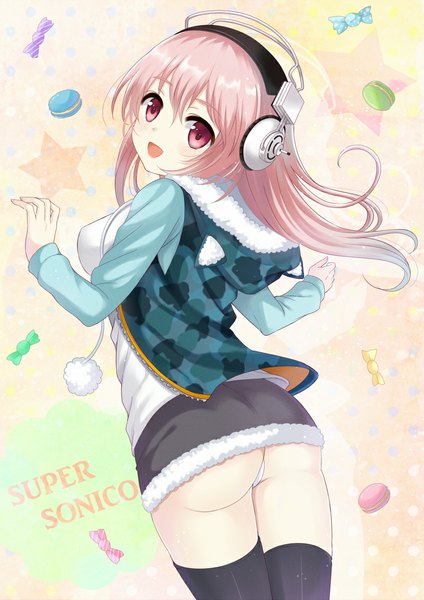 Anime picture 800x1131 with nitroplus super sonico harimoji single long hair tall image open mouth light erotic pink hair pink eyes looking back open clothes open jacket pantyshot girl thighhighs underwear panties black thighhighs food