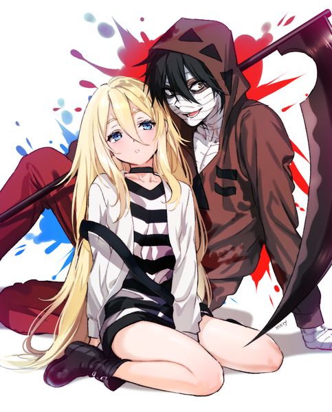 Anime picture 700x870 with satsuriku no tenshi ray (satsuriku no tenshi) zack (satsuriku no tenshi) mery (yangmalgage) long hair tall image looking at viewer fringe short hair open mouth blue eyes black hair simple background blonde hair hair between eyes sitting brown eyes signed payot long sleeves