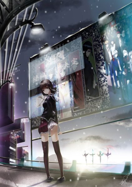 Anime picture 1748x2480 with k-project gohands (studio) yukizome kukuri lepus single tall image looking at viewer highres short hair brown hair brown eyes pantyshot back snowing winter skirt lift street girl thighhighs skirt