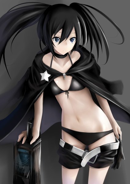 Anime picture 2480x3507 with black rock shooter black rock shooter (character) evan yang tall image highres blue eyes black hair twintails grey background girl navel shorts star (symbol) cloak collar bikini top