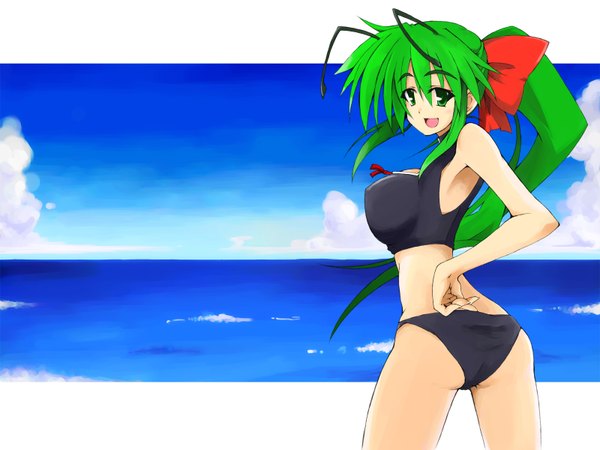 Anime picture 1600x1200 with touhou wriggle nightbug single long hair highres breasts light erotic large breasts green eyes ass ponytail looking back from behind antennae adult girl ribbon (ribbons) swimsuit hair ribbon water