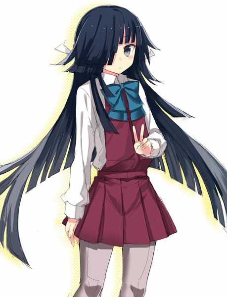Anime picture 765x1000 with kantai collection hayashimo destroyer kuhotaka single long hair tall image looking at viewer blush fringe black hair simple background white background black eyes hair over one eye victory girl pantyhose bowtie