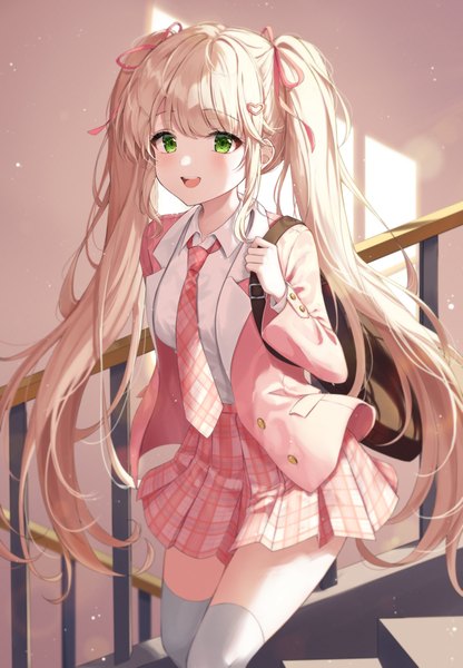 Anime picture 1638x2363 with original ekina (1217) single long hair tall image looking at viewer blush fringe open mouth blonde hair smile standing twintails green eyes payot indoors blunt bangs long sleeves :d open clothes